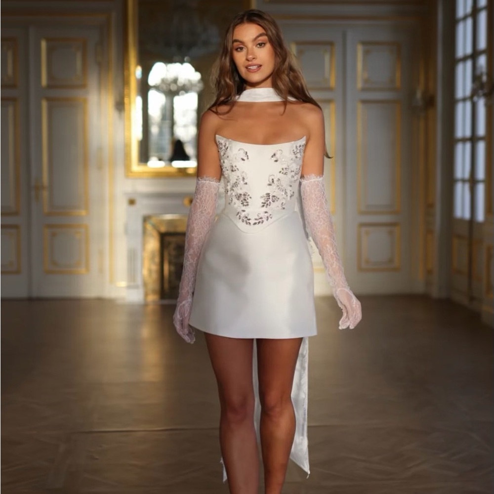 Embellished White Strapless Mini Dress with Choker and Lace Gloves